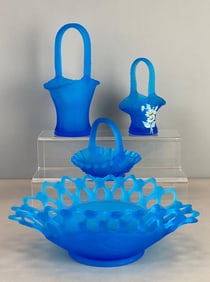 Group of 4 Westmoreland Blue Satin Glass Baskets