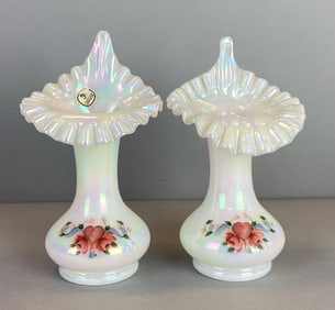 Group of 2 Artist Signed Fenton Jack in the Pulpit Glass Vases
