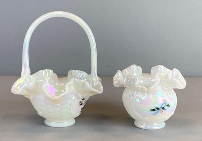 Group of 2 Hand Painted Signed Fenton Glass Pieces