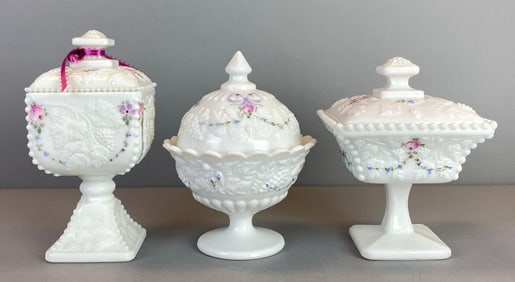Group of 3 Westmorland Hand Painted White Glass Covered Candy Dishes