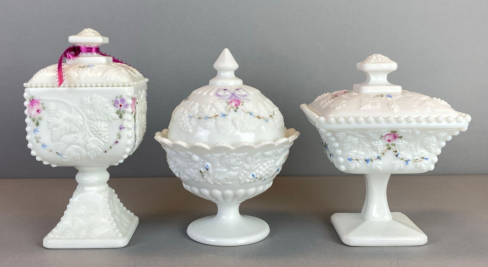 Group of 3 Westmorland Hand Painted White Glass Covered Candy Dishes (1 of 4)