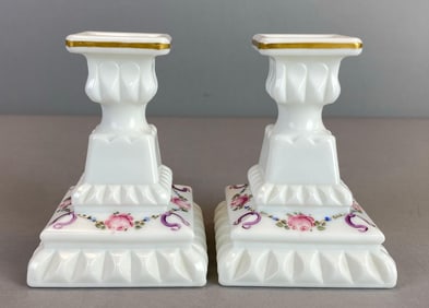 Pair of Westmoreland Rose and Ribbon Glass Candlesticks