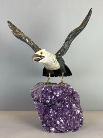 Large Carved Marble Bald Eagle on Amethyst Crystal Base