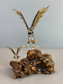 Glass Bald Eagles on Burl Wood Base Desk Statue