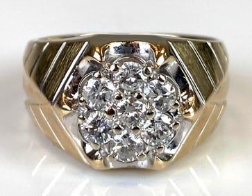 14K Yellow Gold Diamond Cluster Mens Ring