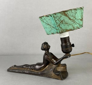 Vintage Art Deco Lounging Woman Cast Metal Lamp with Green Fiberglass Shade