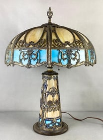 Antique Empire Lamp Co. Angel Paneled Blue and Brown Slag Glass Lamp