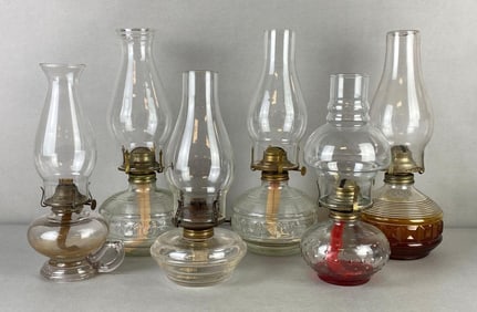 Group of 6 Clear Glass Oil Lamps