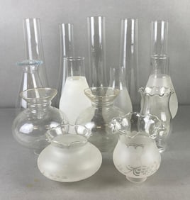 Group of 14 Clear and Frosted Glass Shades and Chimneys