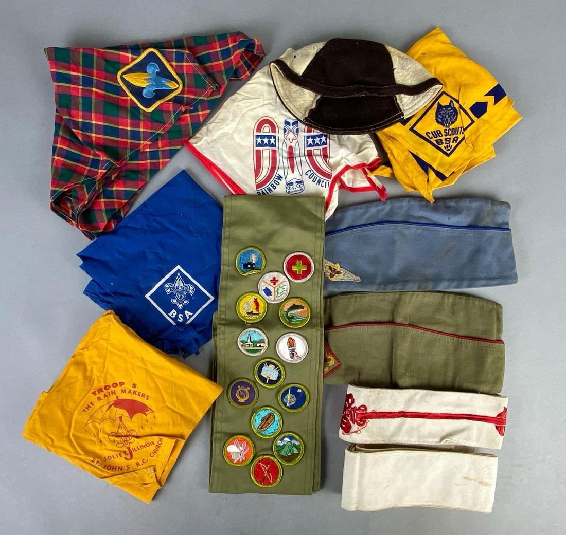 Group of Boy Scouts of America Bandannas and More: Includes bandanas, sash, hats, and more.