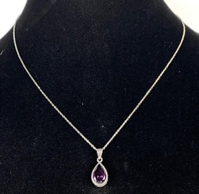 Sterling Silver Amethyst Teardrop Necklace Pendant with Sterling Silver Chain