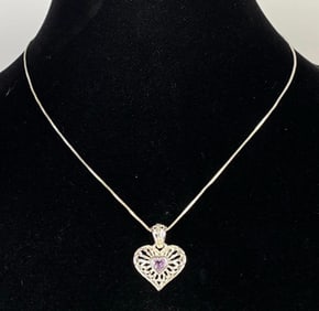 Sterling Silver Purple Spinel Heart Necklace Pendant with Sterling Silver Chain