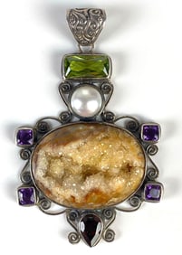 Sterling Silver Multi Gemstone Druzy Necklace Pendant