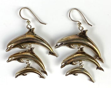 Pair of Sterling Silver Dolphin Drop Earrings