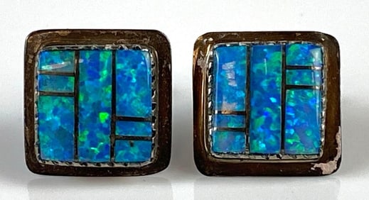 Pair of Sterling Silver Blue Fire Opal Stud Earrings