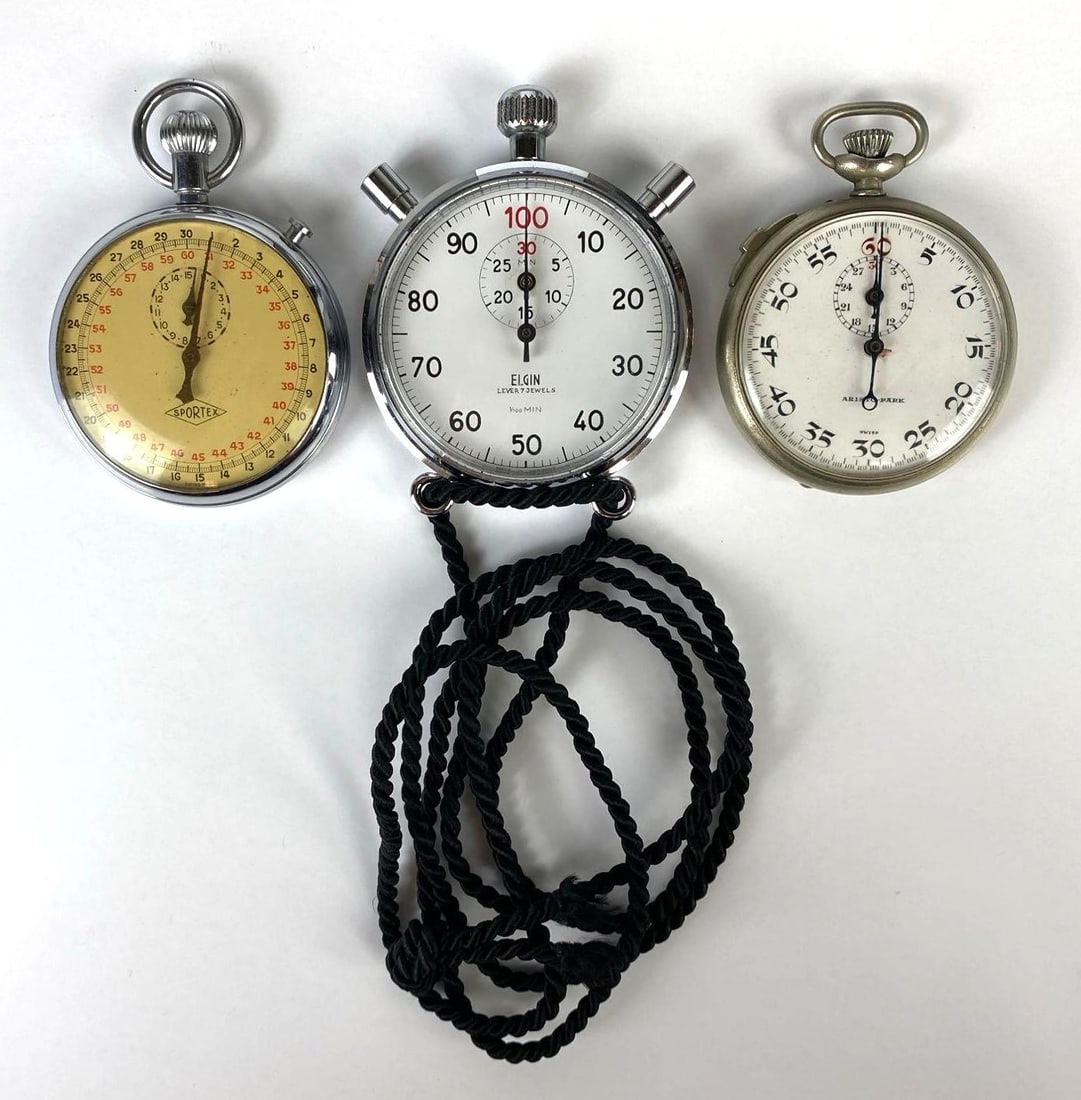 Group of 3 Stopwatches: Untested, Includes Elgin Lever 7J, Sportex, and Aristo-Park, Largest measures 2 3/4 x 2 1/4 inches.