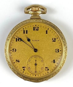 Elgin Watch Co. Etched Open Face Pocket Watch
