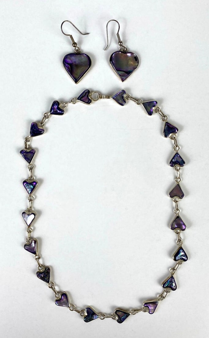 Alpaca Mexico Sterling Silver Purple Shell Heart Necklace and Earrings Set (1 of 5)