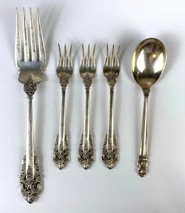 Group of Sterling Silver Silverware: Total weight 194.8g, Includes Wallace Sterling Grand Baroque Pattern, and Royal Danish Acorn Pattern spoon, Largest measures 8 1/4 inches long.