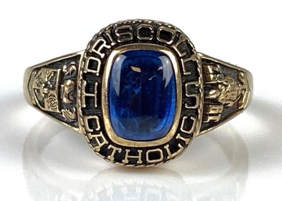 10K Gold Blue Spinel 1982 Driscoll Catholic High School Class Ring