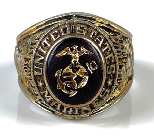Sterling Silver Gold-Plated Onyx United States Marines Corps Ring