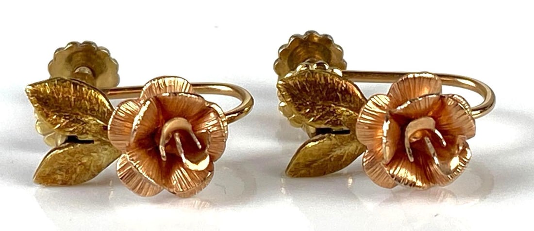 Pair of 14K Gold Krementz Rose Screw-Back Earrings (1 of 4)