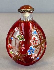 Chinese Hand Painted Floral Ruby Glass Snuff Bottle