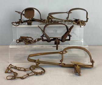 Group of 4 Antique Iron Toothless Animal Traps