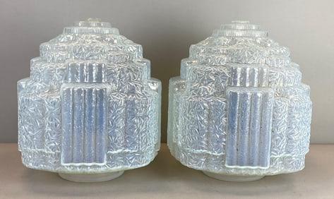 Group of 2 Large Art Deco Opalescent Glass Shade Fixtures