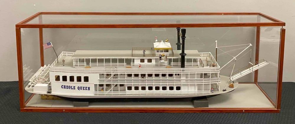 Large Creole Queen Three Deck Steamboat Model: NO IN HOUSE SHIPPING AVAILABLE, THIRD PARTY SHIPPING RECOMMENDED, in custom display case, measures 19 1/2 x 55 1/2 x 13 inches