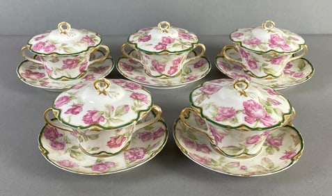 Set of Antique Haviland and Co. Rose Porcelain Bullion Cups and Saucers