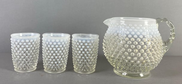 Set of Vintage Fenton Opalescent Hobnail Glass Pitcher and Tumblers