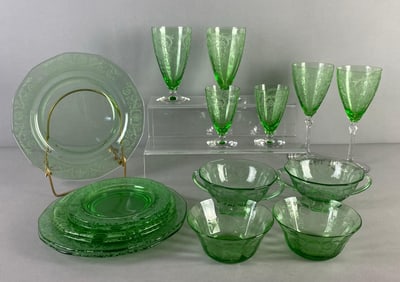 Set of Fostoria Versailles Etched Vaseline Glassware