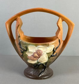 Roseville Floral Pottery Basket Vase