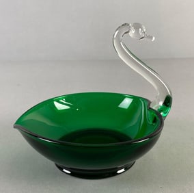 Duncan Miller Emerald Swan Art Glass Candy Dish