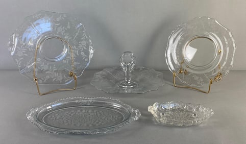 Group of 4 Cambridge Etched Elaine Pattern Glass Serving Trays