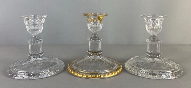 Group of 3 Cambridge Etched Elaine Pattern Glass Candlesticks