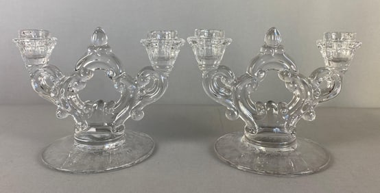 Pair of Cambridge Etched Elaine Pattern Glass Candlesticks