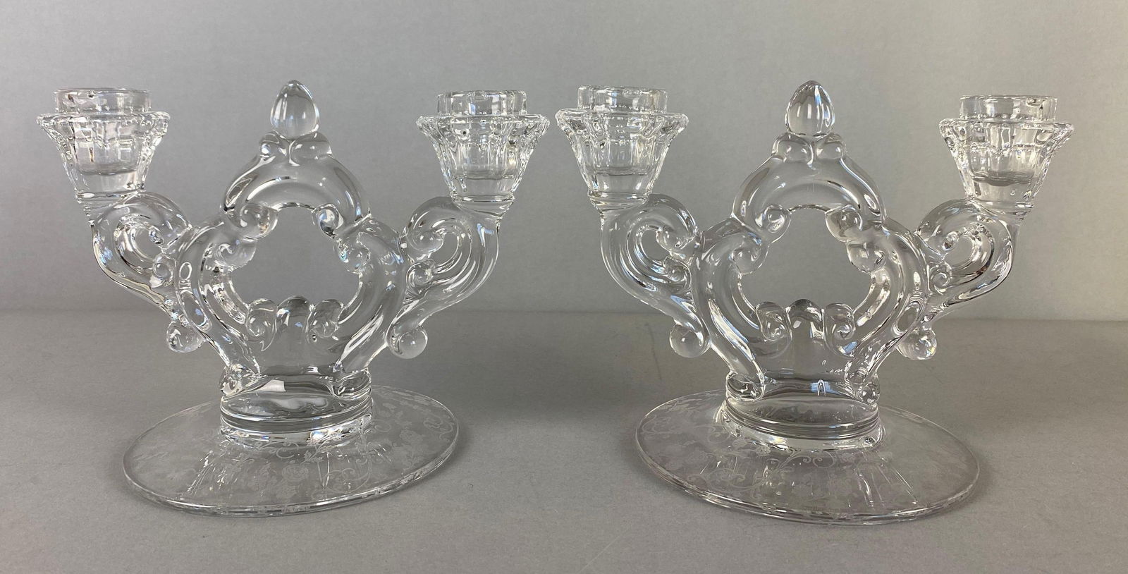 Pair of Cambridge Etched Elaine Pattern Glass Candlesticks (1 of 4)
