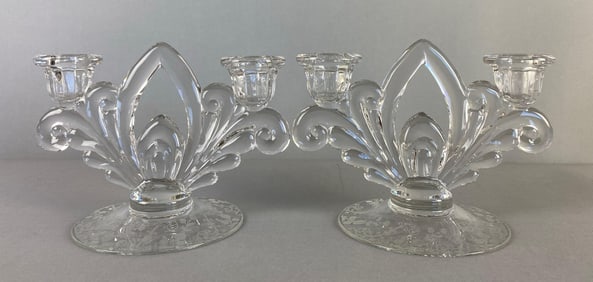 Pair of Cambridge Etched Elaine Pattern Glass Candlesticks