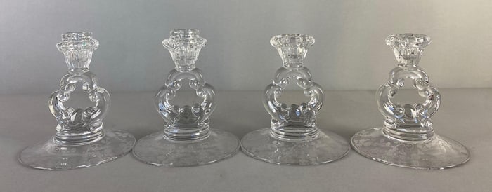 Group of 4 Cambridge Etched Elaine Pattern Glass Candlesticks