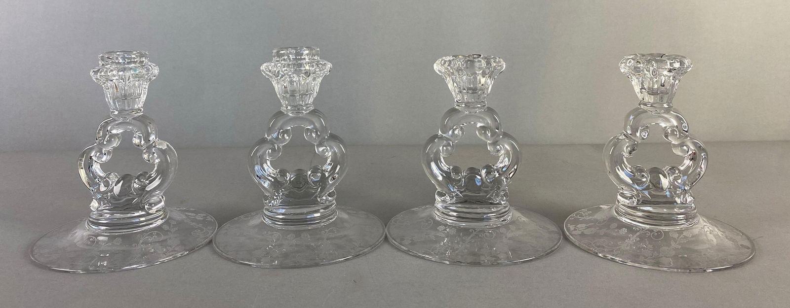 Group of 4 Cambridge Etched Elaine Pattern Glass Candlesticks (1 of 4)