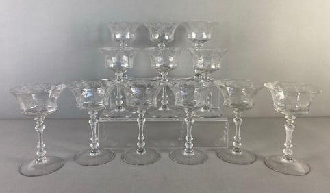 Set of 12 Cambridge Etched Elaine Crystal Champagnes