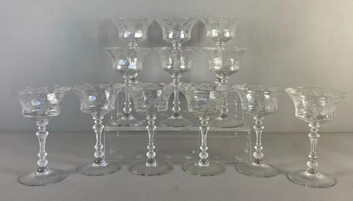 Set of 12 Cambridge Etched Elaine Crystal Champagnes