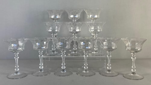 Set of 12 Cambridge Etched Elaine Crystal Champagnes