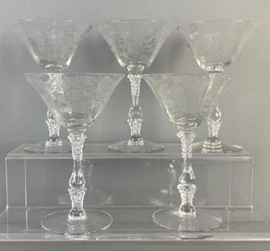Set of 5 Cambridge Etched Rose Point Crystal Champagnes