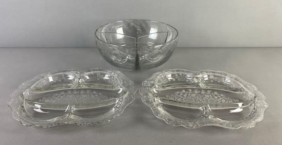 Group of 3 Cambridge Etched Elaine Crystal Divided Items