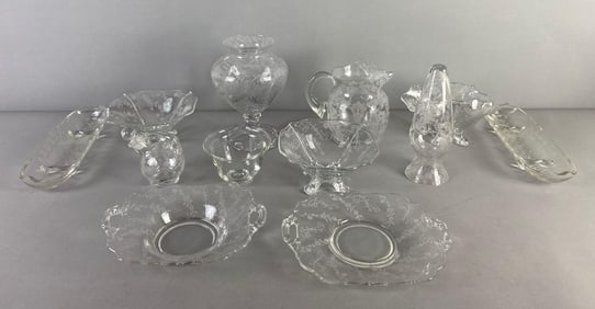 Group of Cambridge Etched Elaine Crystal Items