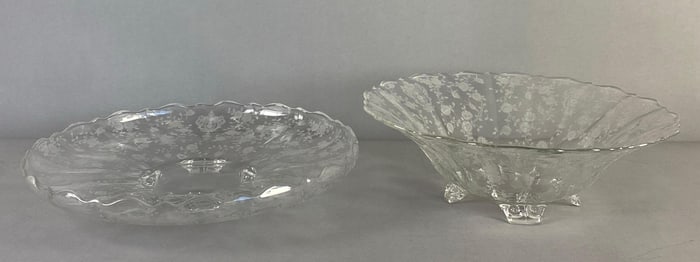 Group of 2 Cambridge Etched Rose Point Crystal Footed Bowl and Tray