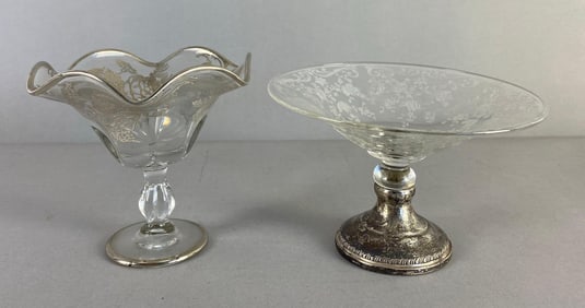 Group of 2 Silver Floral Footed Glass Compotes